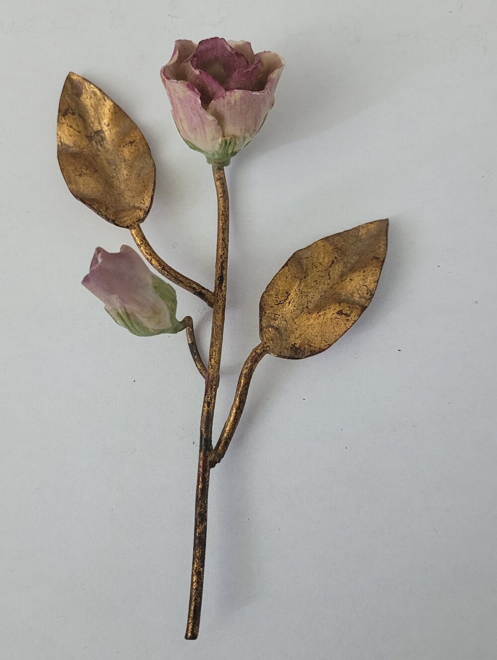 Vg Porcelain Rose Flower Figurine Brass Stem and Leaves